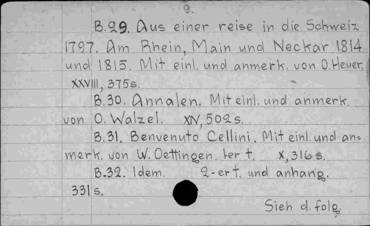 ﻿9.
ß.9.9, einer reise in die Schweif 1797. Avr Pihein, Main und Neckar \SI4 und \8\5. M't einl, und anrnerk. von O.^euer.!
MIL, 375s.______ "
ß.5O, d'nrnkn Mif e.in\. und unnnerk, von 0. WuIt.e’, XIV, 5P/2. s,
ß.31. ßenvenufo CieHini. Md eint, und an-wwrk. von U/. Oeitin^en. Ver t, X?3lGs,
ß.32.,ldew. 9l-eff, und cxnVicxno.
331s.	A
Sieh d